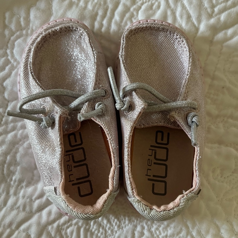 Hey Dude Silver and Light Pink Kids Slip-On Sneakers